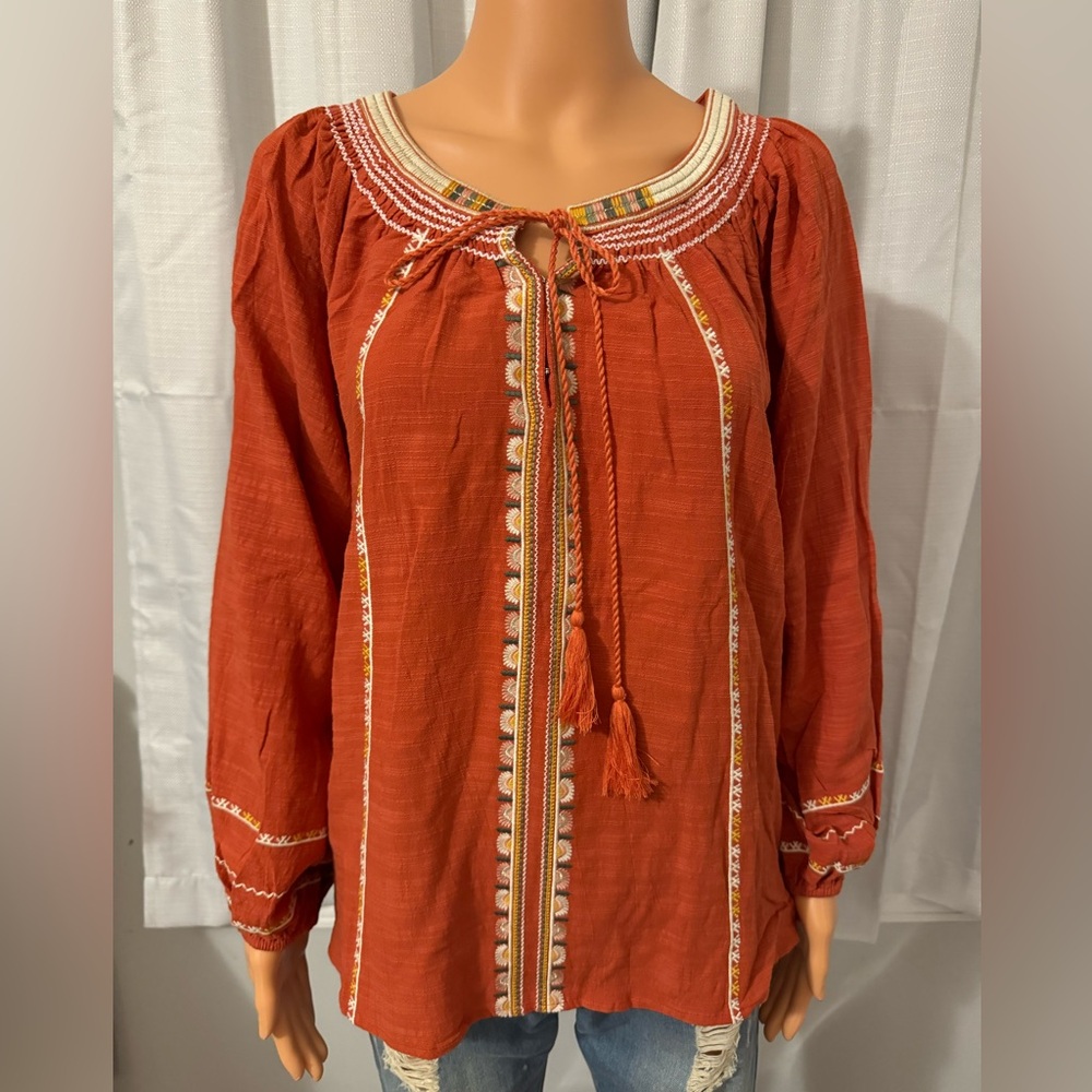 Cool Easel size M burnt orange tassel tie embroidered shirt boho new